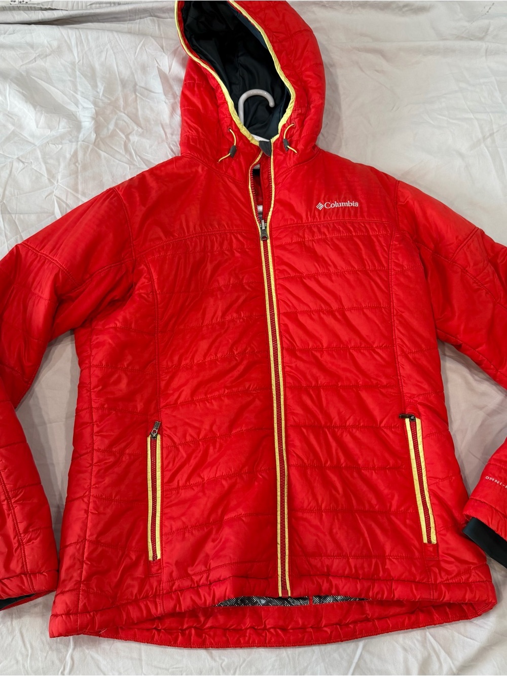 Women’s Columbia Red Quilted Hooded Puffer Jacket with Yellow Trim Omni Heat